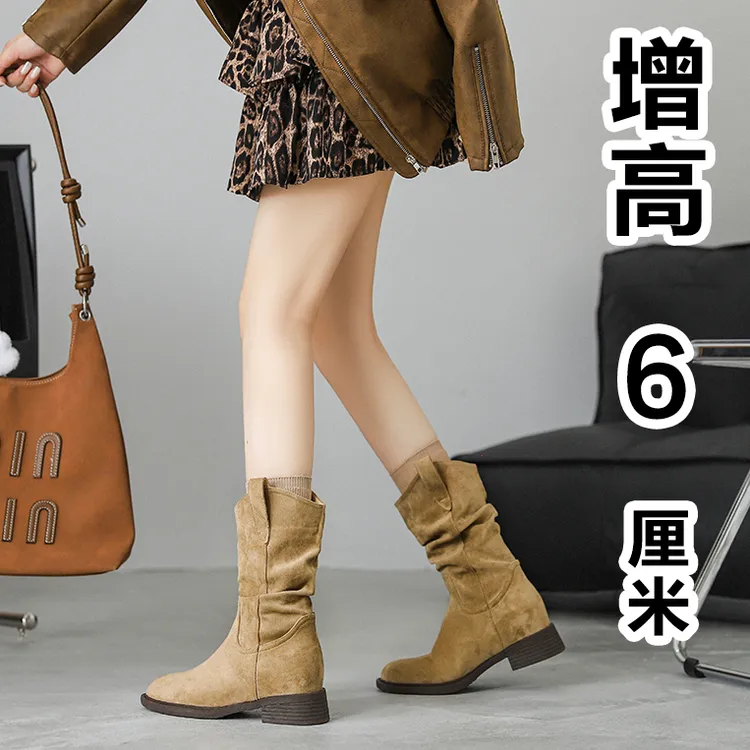 内增高马丁靴卡其色女款秋冬短靴绒面中筒靴真皮厚底粗跟瘦瘦靴子