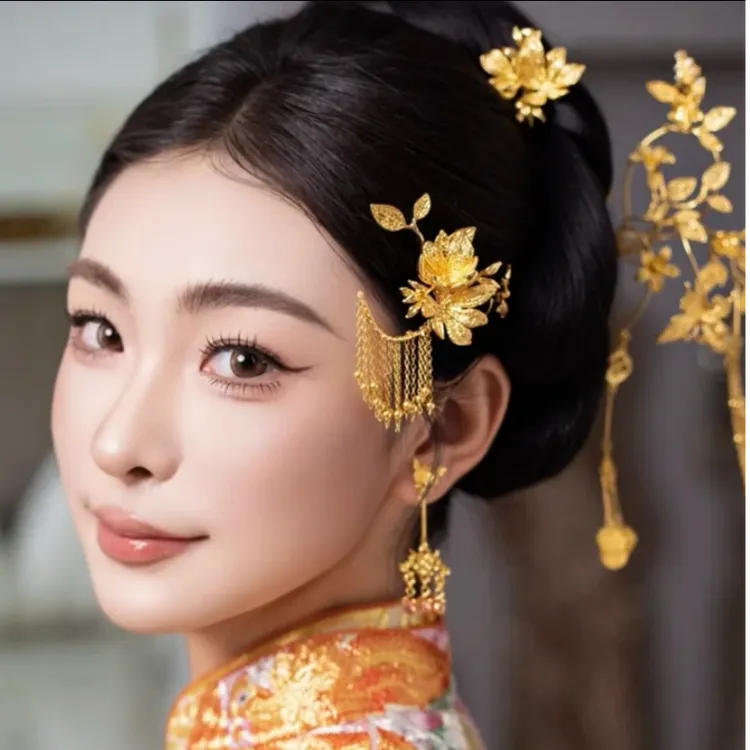 新娘金色新中式秀禾头饰边夹结婚龙凤褂减龄发饰发簪2025新款