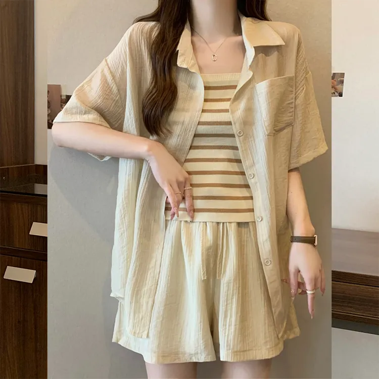 小个子显高显瘦套装女2025夏季新款休闲风背心防晒衬衫短裤三件套