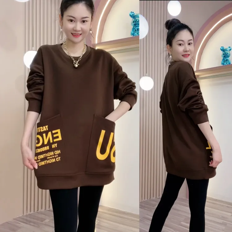 拉夏贝尔2025秋冬季新款侧面抽绳刺绣中长款加绒加厚圆领卫衣