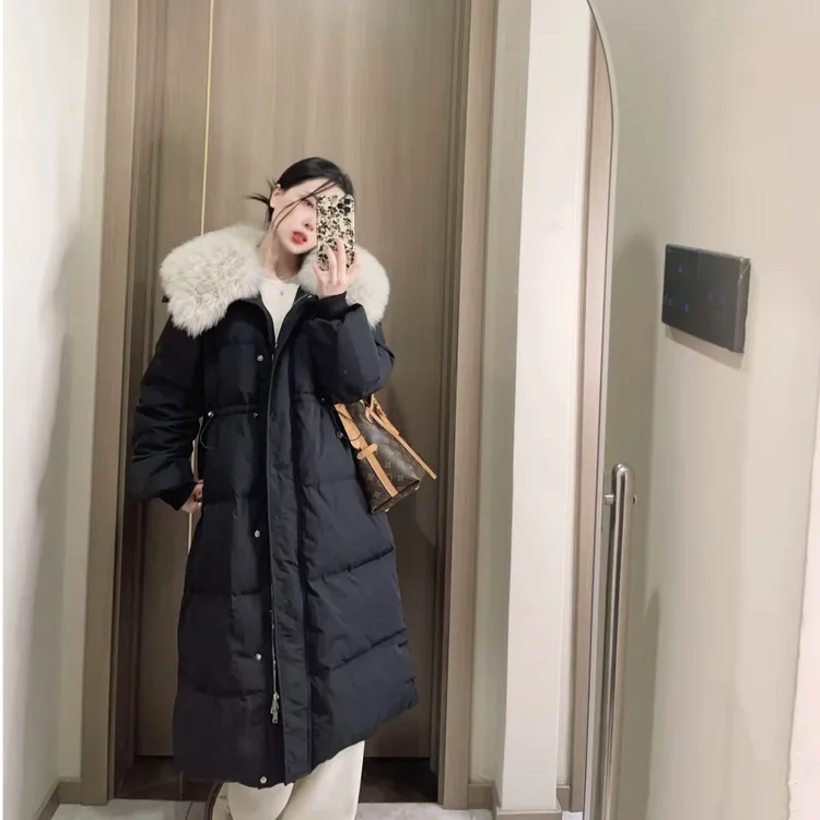 黑色棉服女中长款冬季新款收腰显瘦加厚保暖大毛领设计感棉衣外套