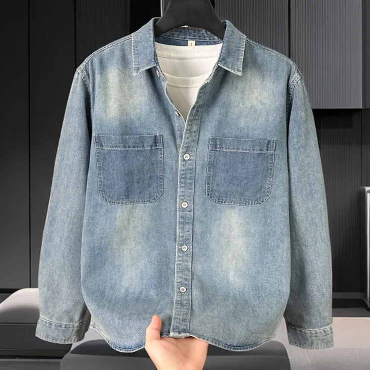 牛仔衬衫男士长袖春秋美式休闲宽松痞帅复古水洗上衣外套百搭衬衣
