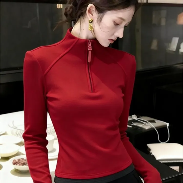 高级感双面德绒打底衫女秋冬新款半拉链红色上衣修身显瘦内搭卫衣