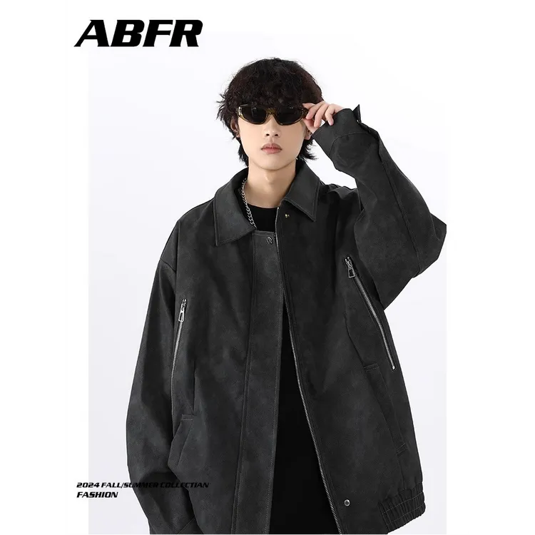 美式复古机车夹克外套男春秋设计感高街痞帅短款翻领机车服皮衣潮