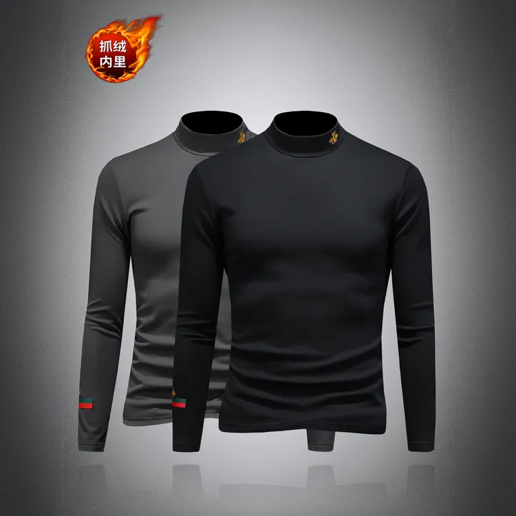 那因波勒蜜蜂刺绣半高领打底衫男士秋冬修身加绒保暖棉弹长袖T恤