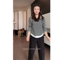 SANMI/叁米   正肩假两件条纹帽衫半拉链上衣  Z2449