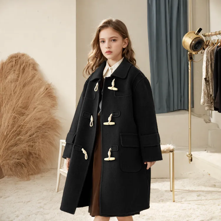 童绣女童双面羊绒大衣2025秋冬新款儿童毛呢外套牛角扣中长款风衣