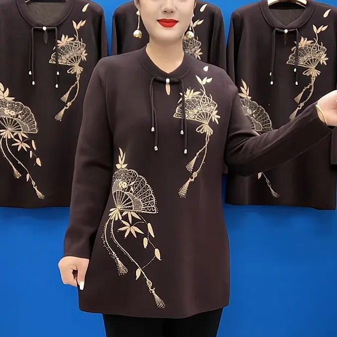 春秋款国风印花女装针织衫2025新款宽松休闲百搭镶钻中老年妈妈装