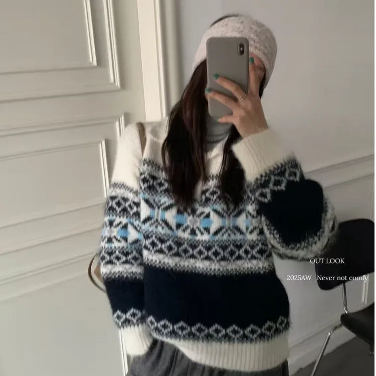 QYao Girls费尔岛撞色毛衣套头女韩版秋冬新款加厚软糯针织衫上衣