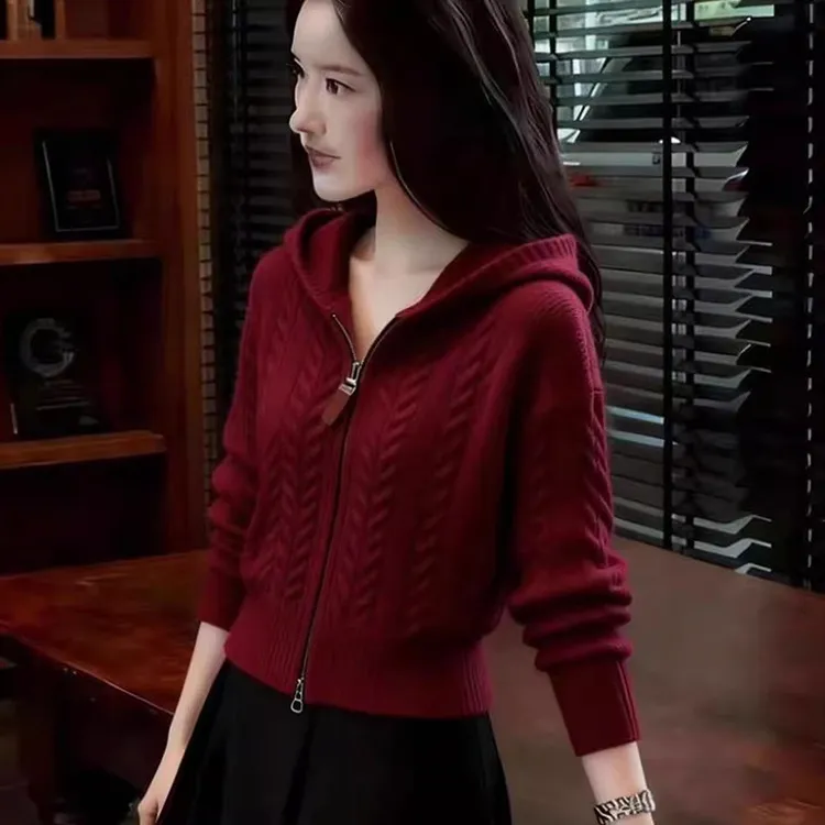 红色麻花连帽毛衣开衫秋冬季新款慵懒风软糯内搭打底针织外套上衣