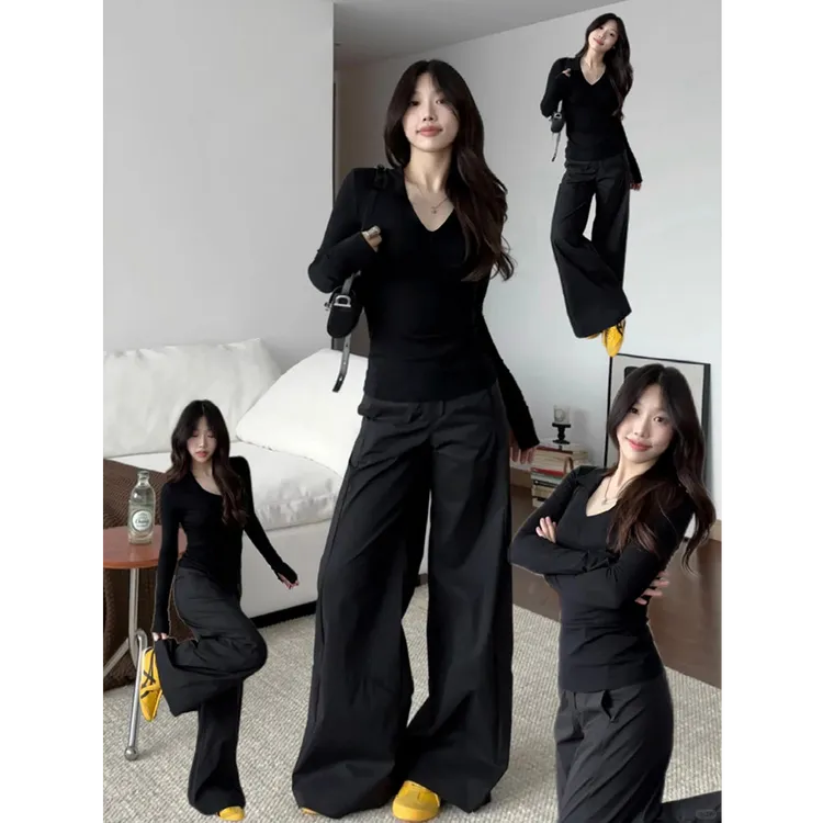 WRXS黑色v领正肩长袖内搭打底衫秋冬银狐绒上衣女款修身紧身穿搭