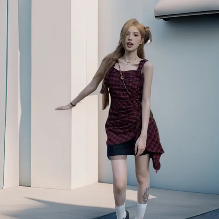 辣妹夏季复古格子显瘦cs气质吊带裙短款法式收腰修身包臀设计感小