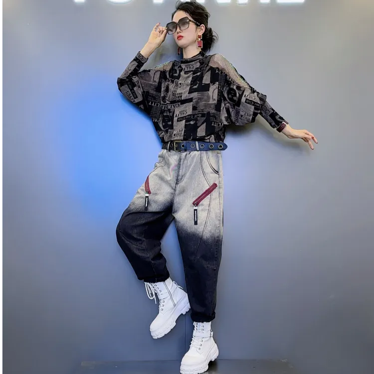 T18秋款蝙蝠衫露肩钻网上衣-翅膀刺绣装饰牛仔裤