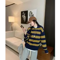 韩系复古撞色条纹毛衣女2025秋新款百搭休闲减龄polo领针织衫上衣