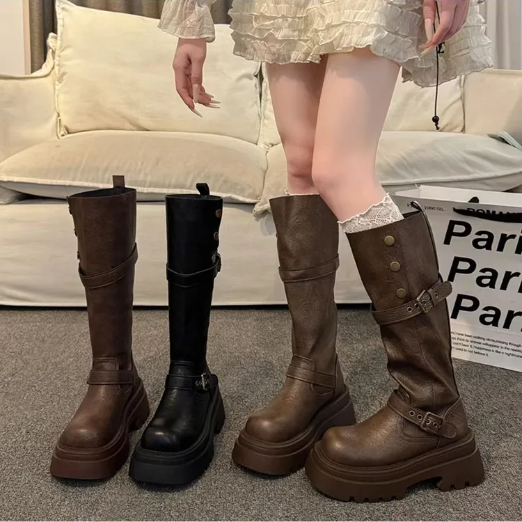 绝美秋季新款中长筒靴子骑士靴长筒靴厚底粗跟增高英伦风复古显瘦