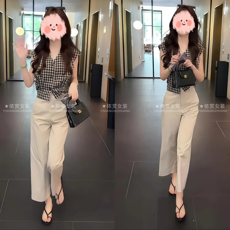 2025超火夏装一整套女气质百搭无袖格子背心上衣高腰休闲裤两件套