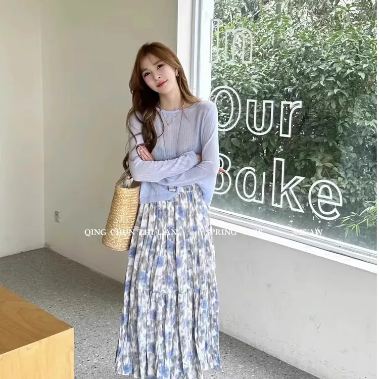 春季新款设计感小众时尚针织衫宽松花色半身裙套装两件套女装减龄