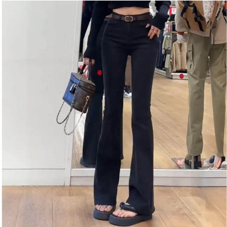 新款微喇叭牛仔裤子春秋新款女士高腰大码胖mm弹力百搭马蹄裤子