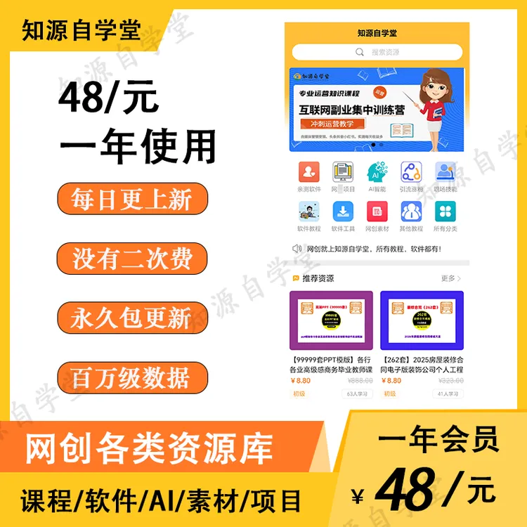 48元知源自学堂资料库软件素材PPT合同简历模板音效字体图片视频
