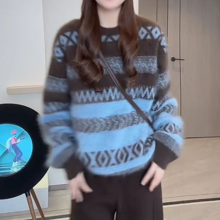创意感套头菱格条纹软糯费尔岛毛衣冬季新款复古风宽松慵懒针织衫