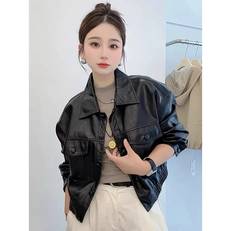 秋季时尚皮衣长袖短款宽松复古韩版翻领百搭显瘦小个子夹克外套
