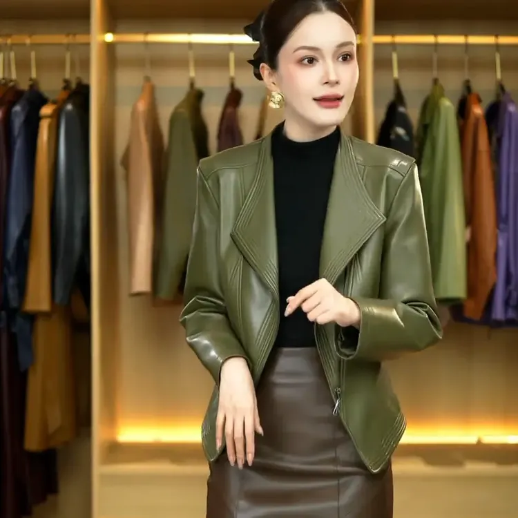 【工厂绵羊皮现货】海宁女短款韩版修身绵羊秋季减龄小外套皮夹克