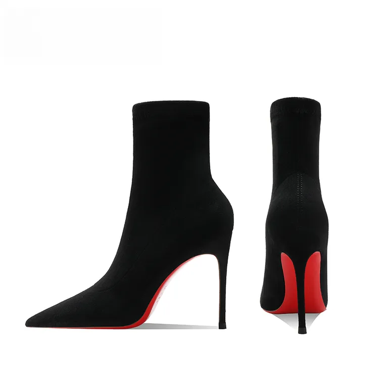 秋冬爆款黑色弹力靴女细跟绒面红底尖头短靴百搭加绒高级感瘦瘦靴