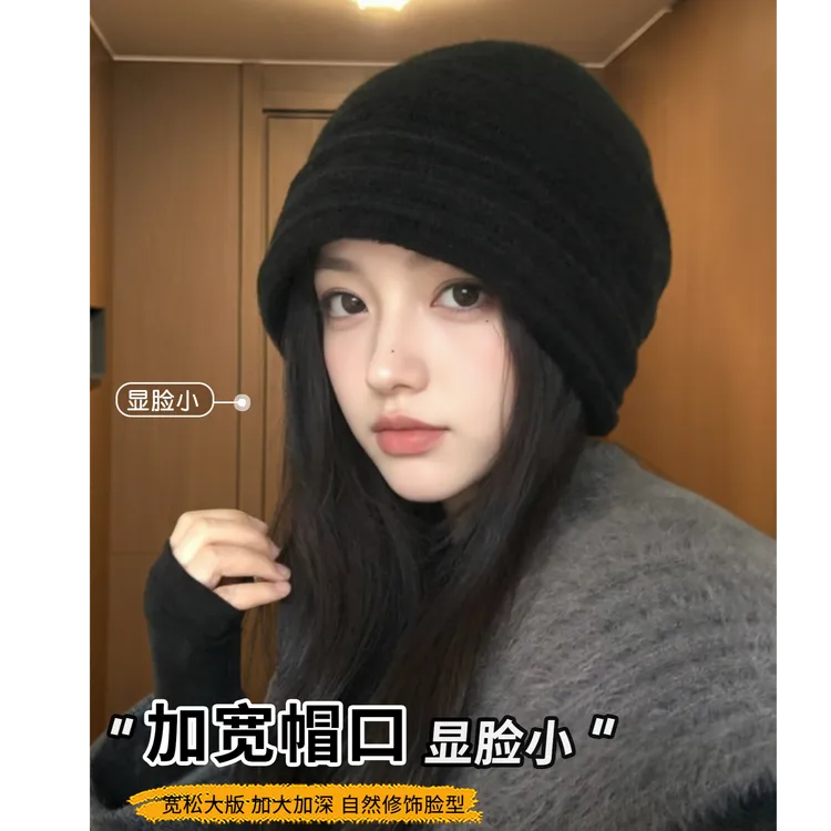 新款百搭卷檐包头冷帽时尚帽子女秋冬季针织帽秋冬保暖毛线帽百搭