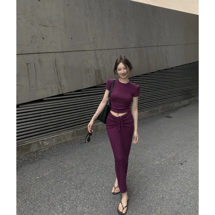 纯欲辣妹紫色两件套女装春季圆领短袖打底T恤上衣高腰包臀半身裙