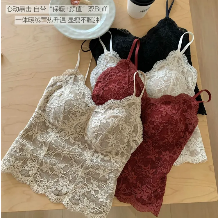 秋冬法式纯欲风带胸垫蕾丝吊带保暖背心女内搭外穿设计感十足6099