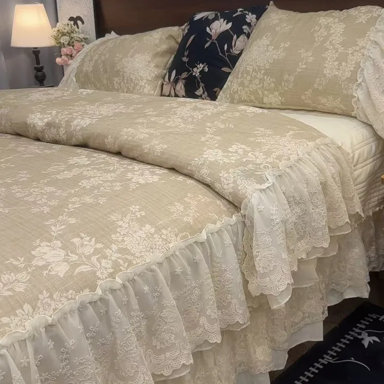 【双11抢先购】床盖加厚秋冬保暖款全棉高支透气双层法式花边四件套