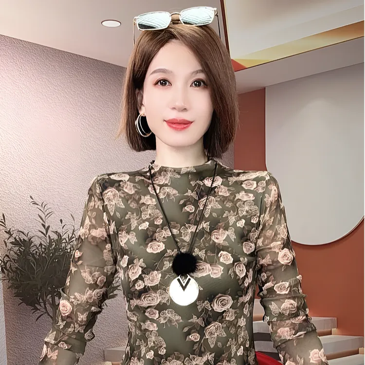 半高领网纱内搭打底衫女修身秋冬季长袖T恤上衣印花时尚复古小衫