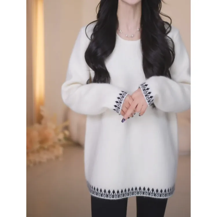冬日氛围感简约拼色中长款针织衫女2025冬季新款时尚宽松减龄上衣