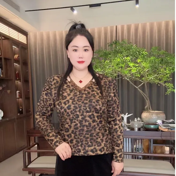 2025早秋新款豹纹长袖V领串珠磨毛设计感显瘦遮肉上衣