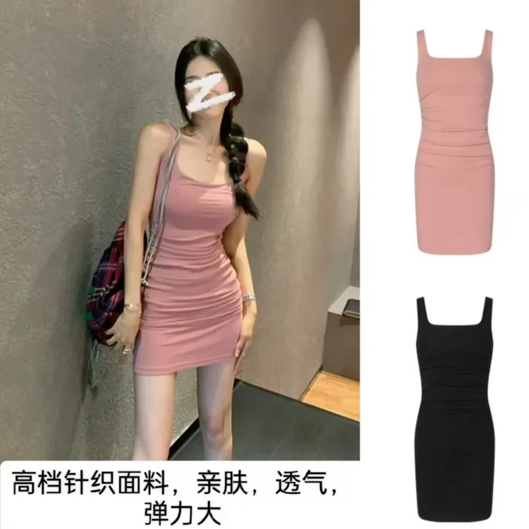高档遮肉黑色连衣裙吊带性感褶皱方领裸粉色衣服露背短裙连衣裙