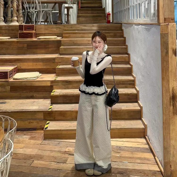 韩系小香风气质套装假两件蕾丝拼接吊带长袖上衣花边裙摆波点裤