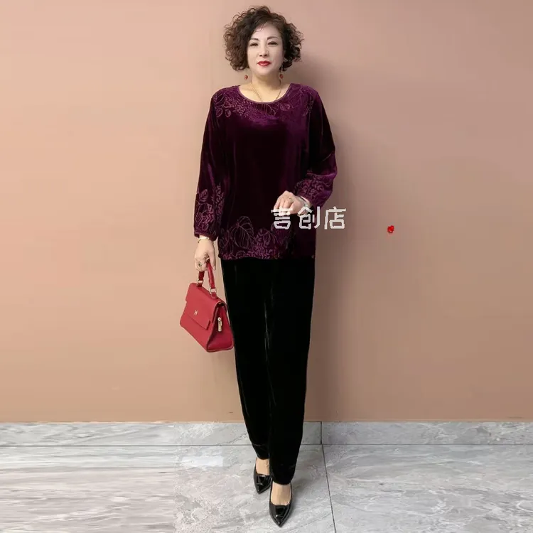 2025春秋新款中老年圆领八分袖真丝绒烧花大码金丝绒妈妈装上衣女