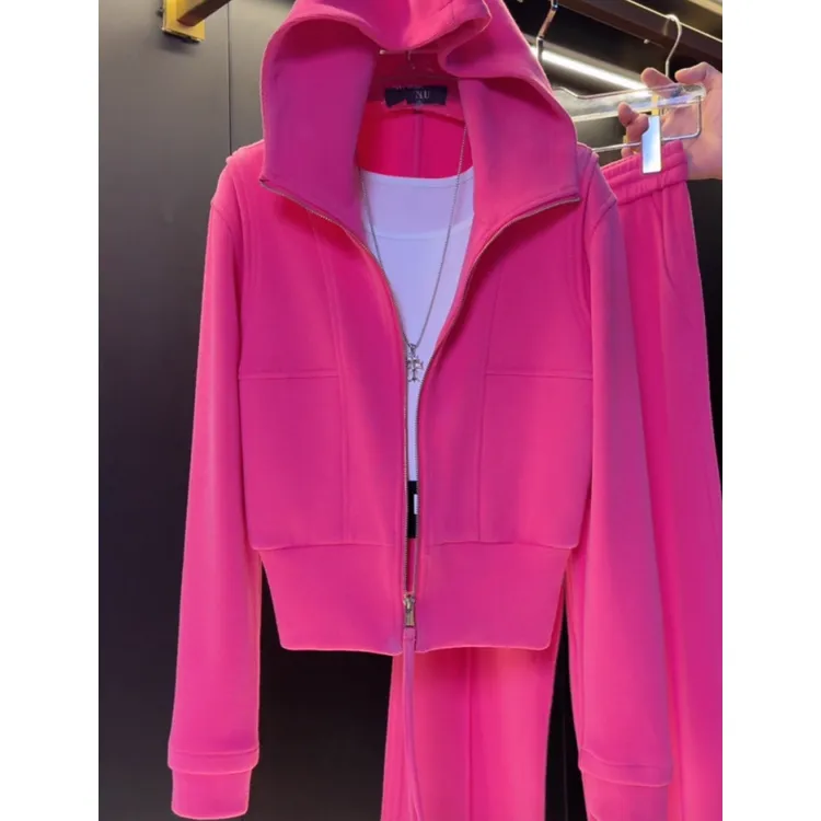 玫红色修身卫衣连帽外套女2025秋冬新款高级感洋气短款百搭上衣
