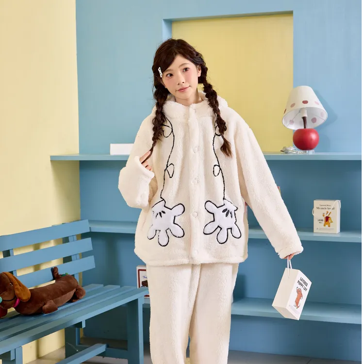 Disney/迪士尼冬季新款加绒男女情侣同款珊瑚绒睡衣家居服套装DSP
