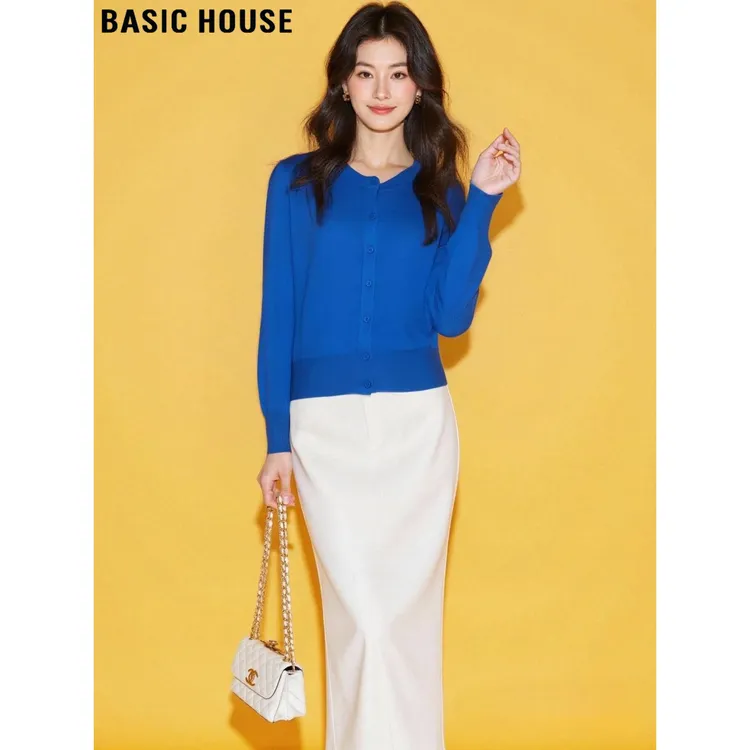 Basic House/百家好法式蓝色圆领针织开衫女2025秋季软糯修身毛衣