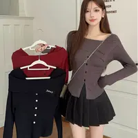 秋冬新款大码女装一字肩美式辣妹纯欲针织衫上衣 3013