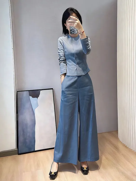 姐系贵感套装早秋巨好看高端小香风气质掐腰蓝色衬衫阔腿裤两件套