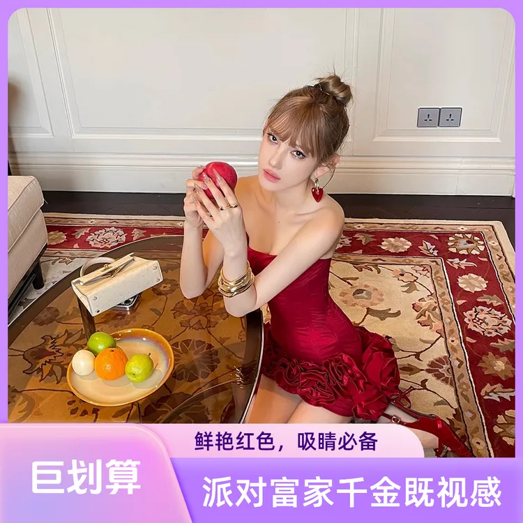 Z6933【微胖天菜】法系千金红玫瑰立体抹胸裙辣妹收腰蕾丝生日礼服