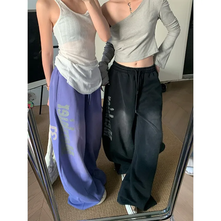 美式复古做旧字母印花松紧腰阔腿裤男女垂感宽松休闲运动百搭卫裤