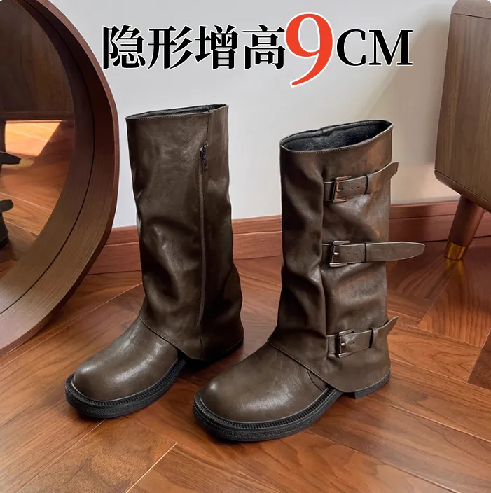 小个子内增高9cm西部牛仔靴女2025秋冬新款复古粗跟中筒靴骑士靴