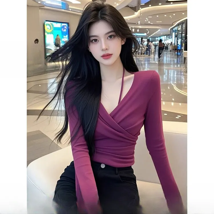 纯欲风v领交叉挂脖长袖t恤女春秋气质时髦紫色御姐风情万种的上衣