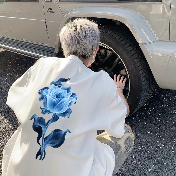 重磅美式复古玫瑰印花纯棉短袖t恤男女同款夏季半袖宽松情侣上衣