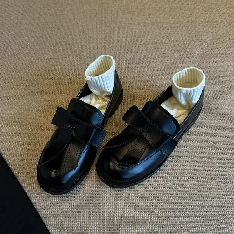 羊皮版~法式英伦风乐福鞋女低跟一脚蹬黑色小皮鞋软皮蝴蝶结单鞋