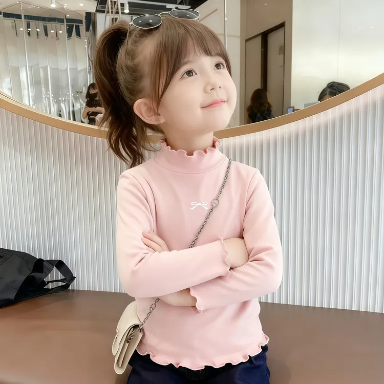 女童木耳边打底衫秋冬德绒半高领中小童女宝上衣休闲保暖长袖t恤