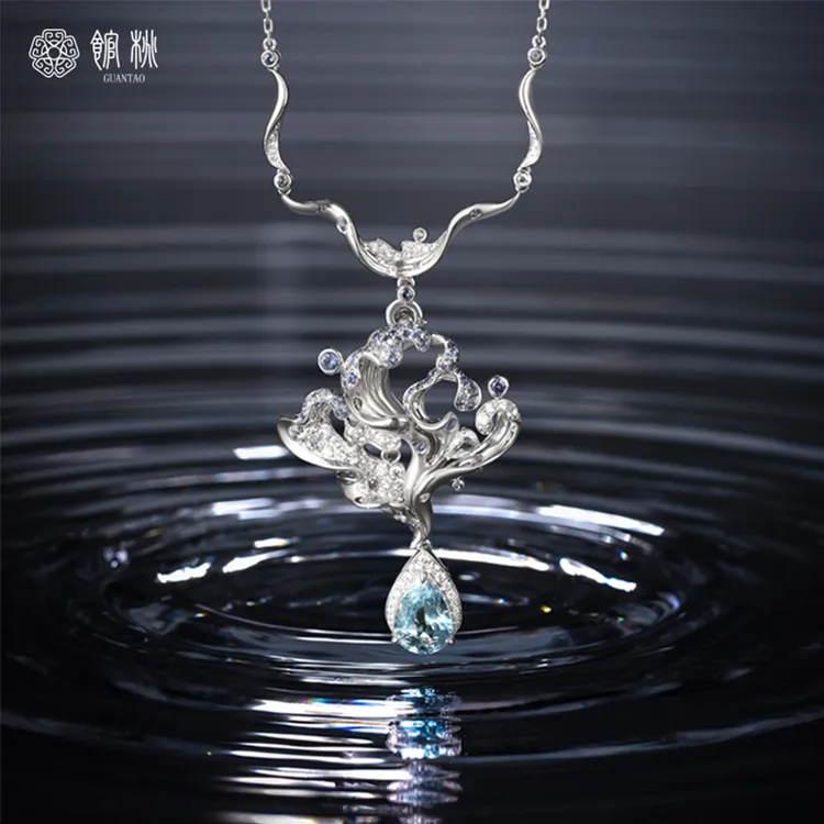 馆桃【汐】 18K金海蓝宝胸针/项链两用款